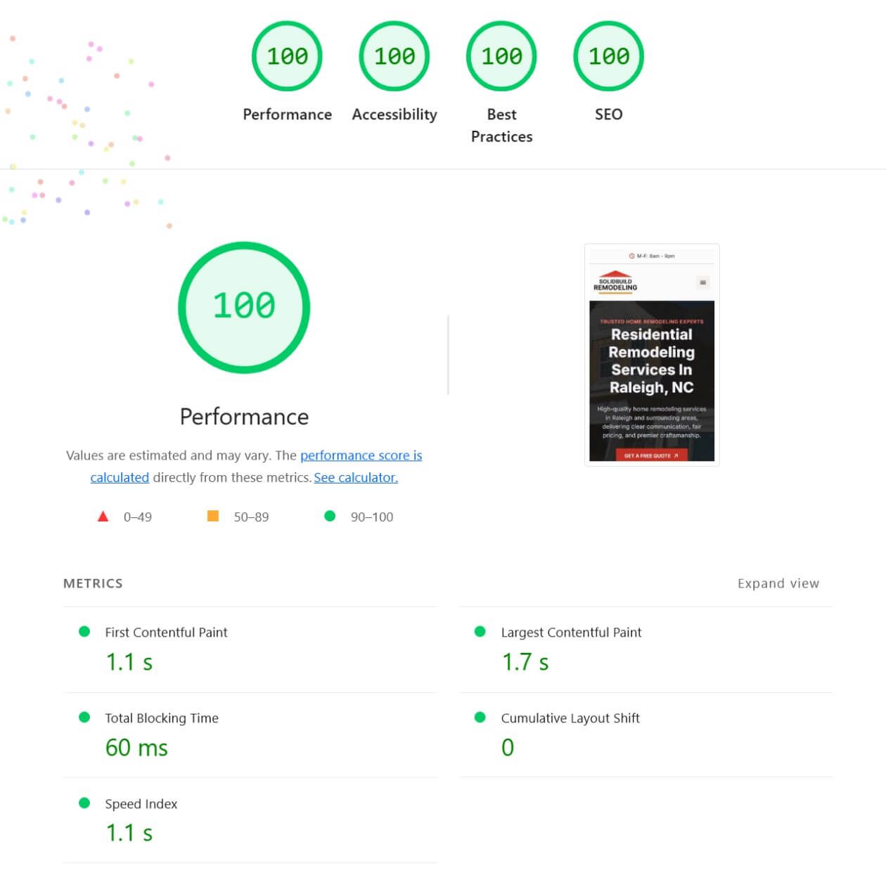 Google PageSpeed Insights snapshot of SolidBuild Remodeling website