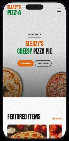 Phone web design mockup of Sleazy's Pizza